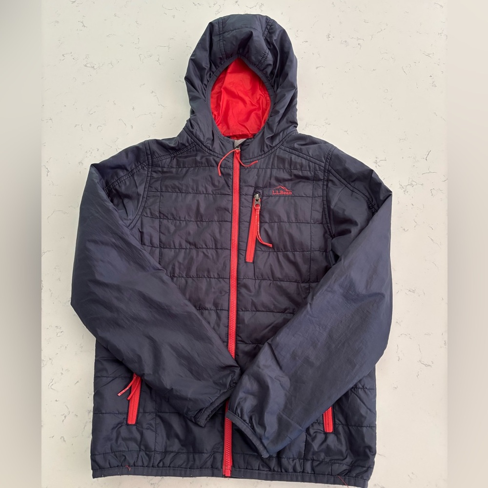 L.L. Bean, Boys navy and orange, PrimaLoft Packaway Hooded Jacket